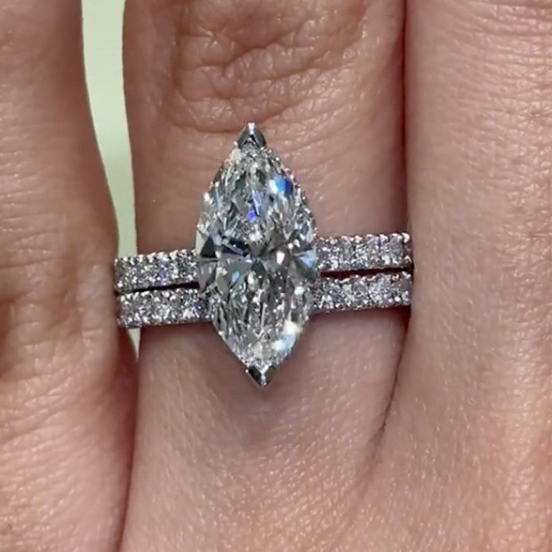 4Ct Marquise Cut Simulated Diamond Wedding Set 2PC 925 Silver Gold Plated