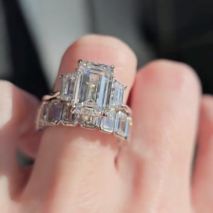 4.5Ct Emerald Cut Three Stone Diamond Ring Set