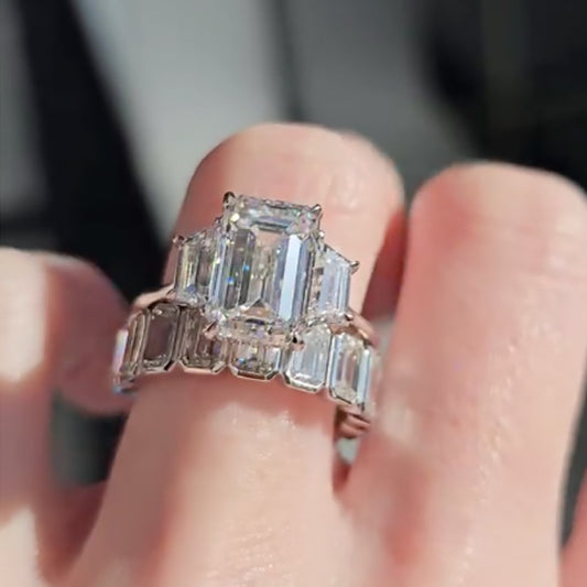 4.5Ct Emerald Cut Three Stone Diamond Ring Set