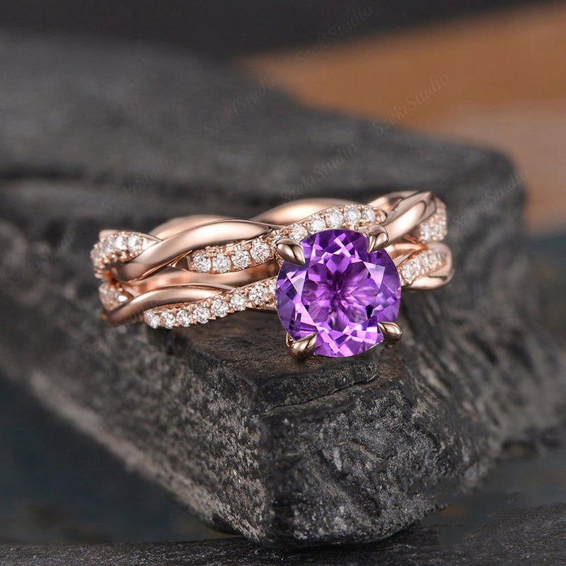 1.25Ct Amethyst Wedding Set 925 Silver Rose Gold