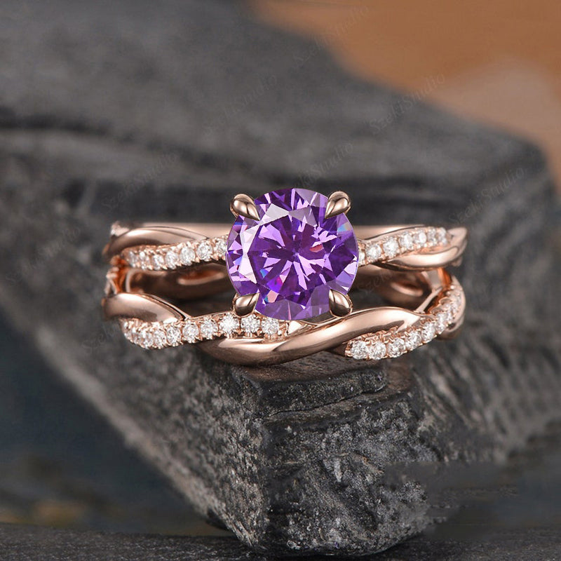 1.25Ct Amethyst Wedding Set 925 Silver Rose Gold