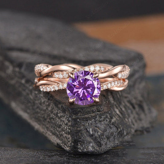1.25Ct Amethyst Wedding Set 925 Silver Rose Gold