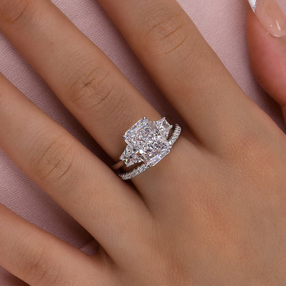 925 Sterling Silver 18K White Gold Plated 11mm Radiant Cut Three Stone Wedding Ring