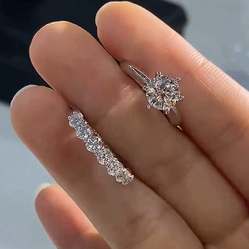 925 Silver 18K White Gold 2Ct Round Moissanite Wedding Set