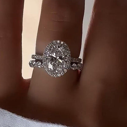 4.0Ct Oval Halo Wedding Ring Set - 925 Silver White Gold Plated