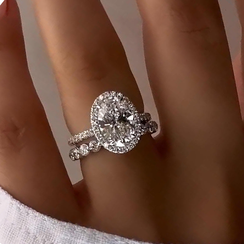 4.0Ct Oval Halo Wedding Ring Set - 925 Silver White Gold Plated
