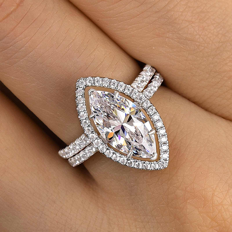 3Ct Marquise Sona Diamond Ring with Halo 18K White Gold