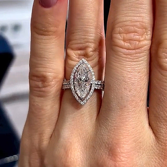 3Ct Marquise Sona Diamond Ring with Halo 18K White Gold