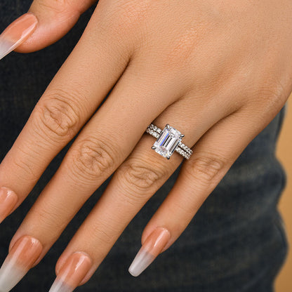 Elegant 925 Silver Emerald Cut White Sapphire Bridal Ring Set