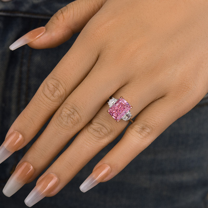 5.0 Carat Pink Radiant Cut Three Stone Ring