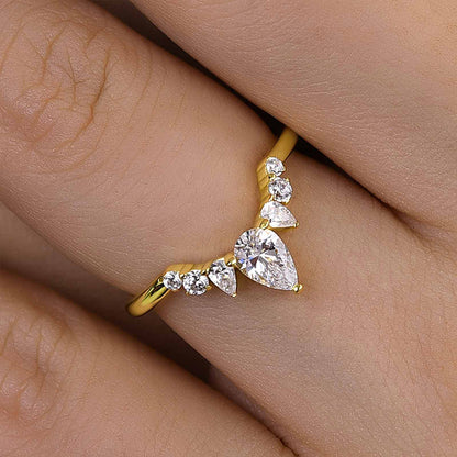 Aurogem 925 Silver Gold Plated Pear & Round Cut Diamond Band
