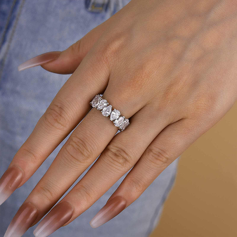 925 Silver White Gold Plated 8ct Pear Cut Color Diamond Band