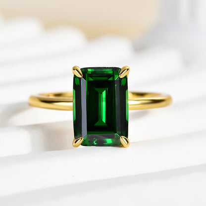 Emerald Cut Green Gemstone Engagement Ring Yellow Gold Plated