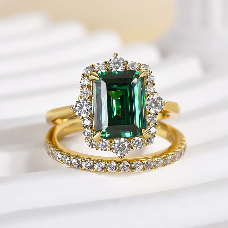 925 Sterling Silver 18K Yellow Gold Plated 3 Carat Emerald Cut Green Gemstone Ring