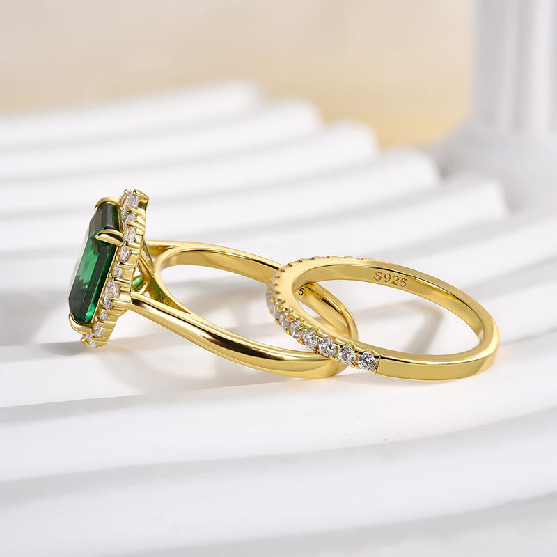 925 Sterling Silver 18K Yellow Gold Plated 3 Carat Emerald Cut Green Gemstone Ring