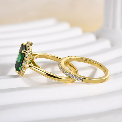925 Sterling Silver 18K Yellow Gold Plated 3 Carat Emerald Cut Green Gemstone Ring