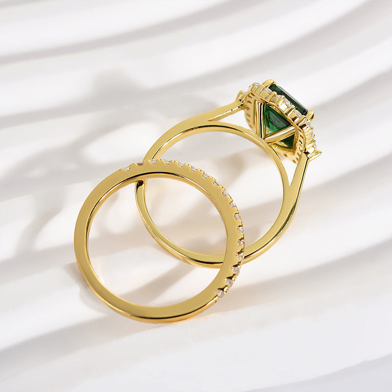 925 Sterling Silver 18K Yellow Gold Plated 3 Carat Emerald Cut Green Gemstone Ring