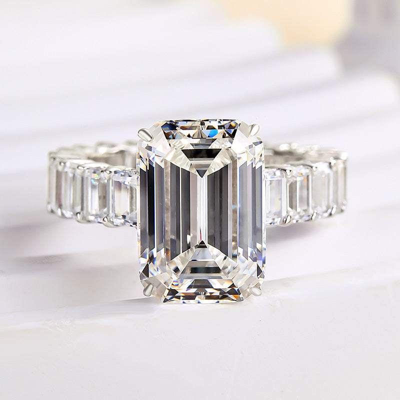 925 Sterling Silver 18K White Gold Plated 7 Carat Emerald Cut Diamond Ring