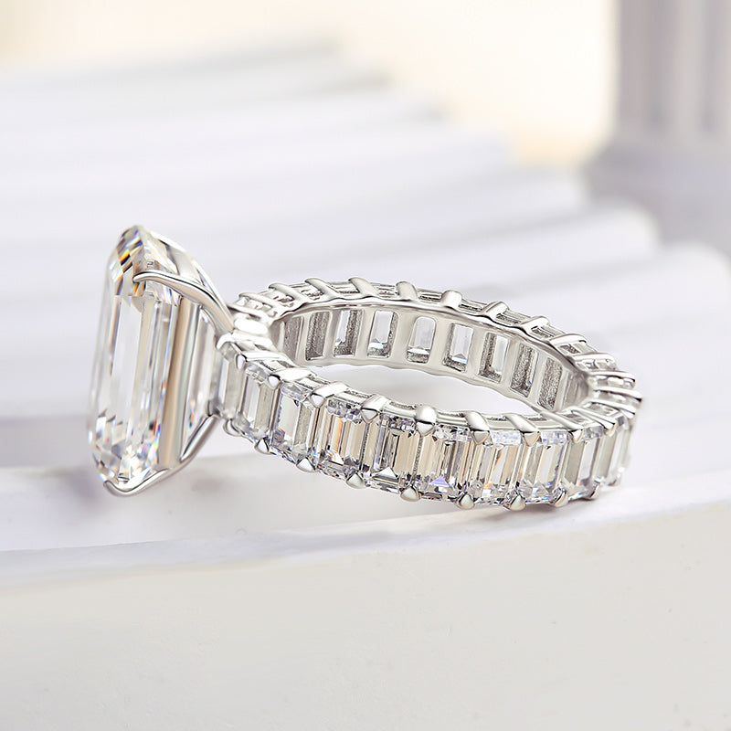 925 Sterling Silver 18K White Gold Plated 7 Carat Emerald Cut Diamond Ring
