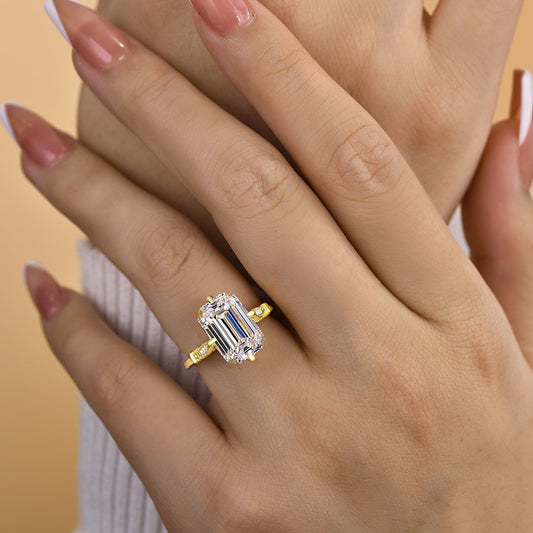 55CT Emerald Cut Engagement Ring 925 Silver 18K Yellow Gold Plated