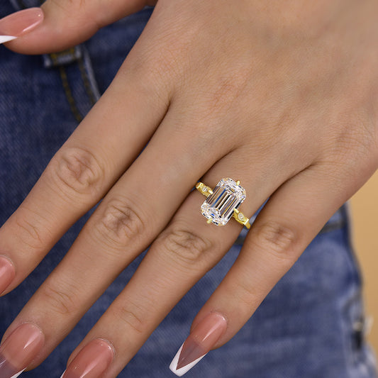 55CT Emerald Cut Engagement Ring 925 Silver 18K Yellow Gold Plated