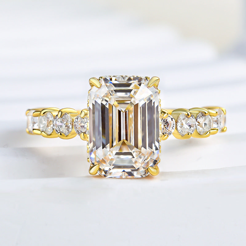 3.5Ct Emerald Cut G Color Diamond Ring 925 Silver Yellow Gold