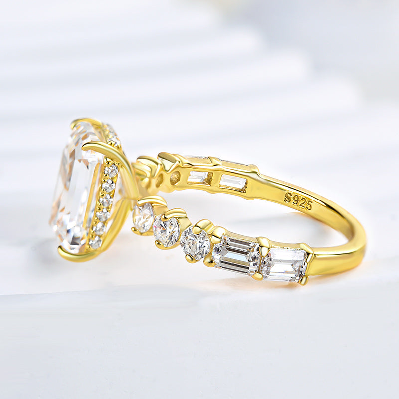 3.5Ct Emerald Cut G Color Diamond Ring 925 Silver Yellow Gold