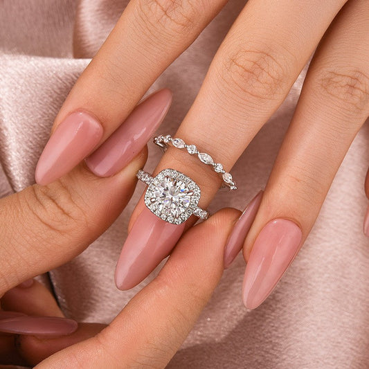 2Ct Round Moissanite Halo Ring & Anniversary Band Set