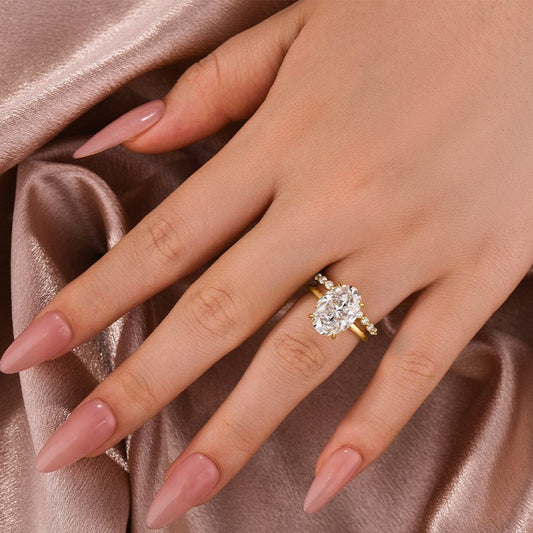 55 Carat Oval Moissanite Ring Set 925 Silver 18K Yellow Gold