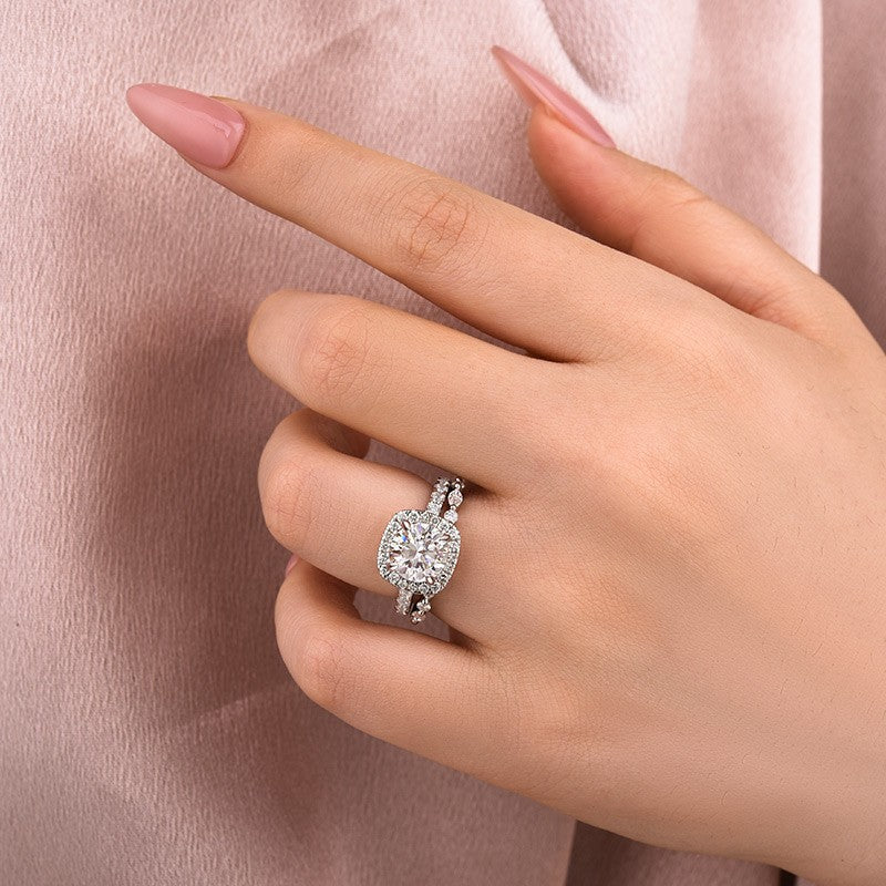 2Ct Round Moissanite Halo Ring & Anniversary Band Set