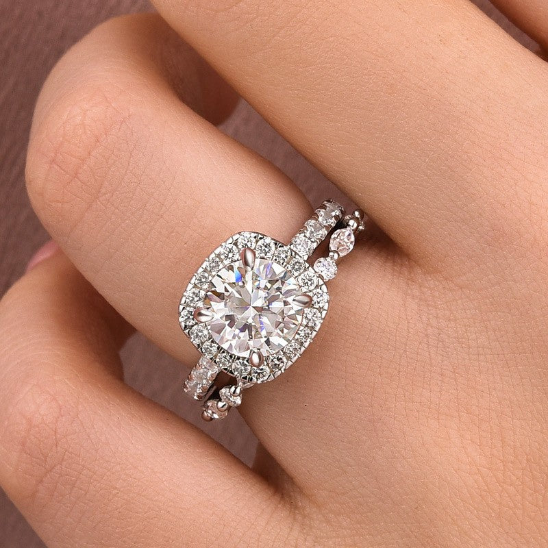 2Ct Round Moissanite Halo Ring & Anniversary Band Set