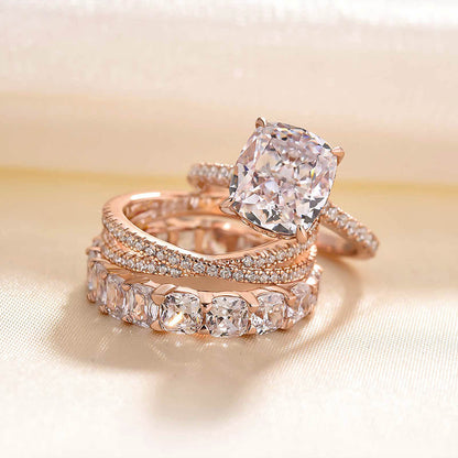 4.5Ct Cushion Cut 3PC Ring Set - White/Yellow/Rose Gold Plated