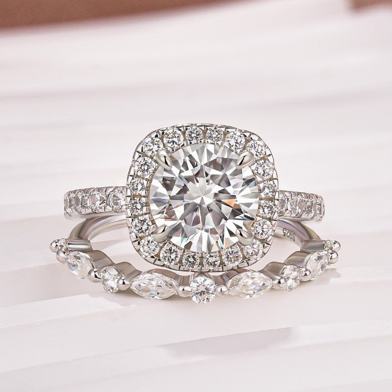 2Ct Round Moissanite Halo Ring & Anniversary Band Set