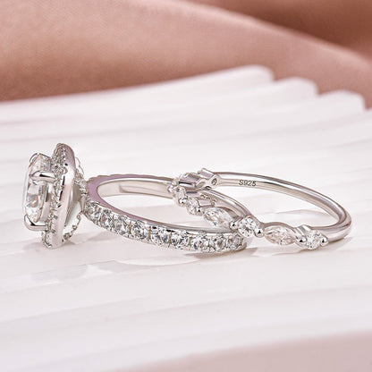 2Ct Round Moissanite Halo Ring & Anniversary Band Set