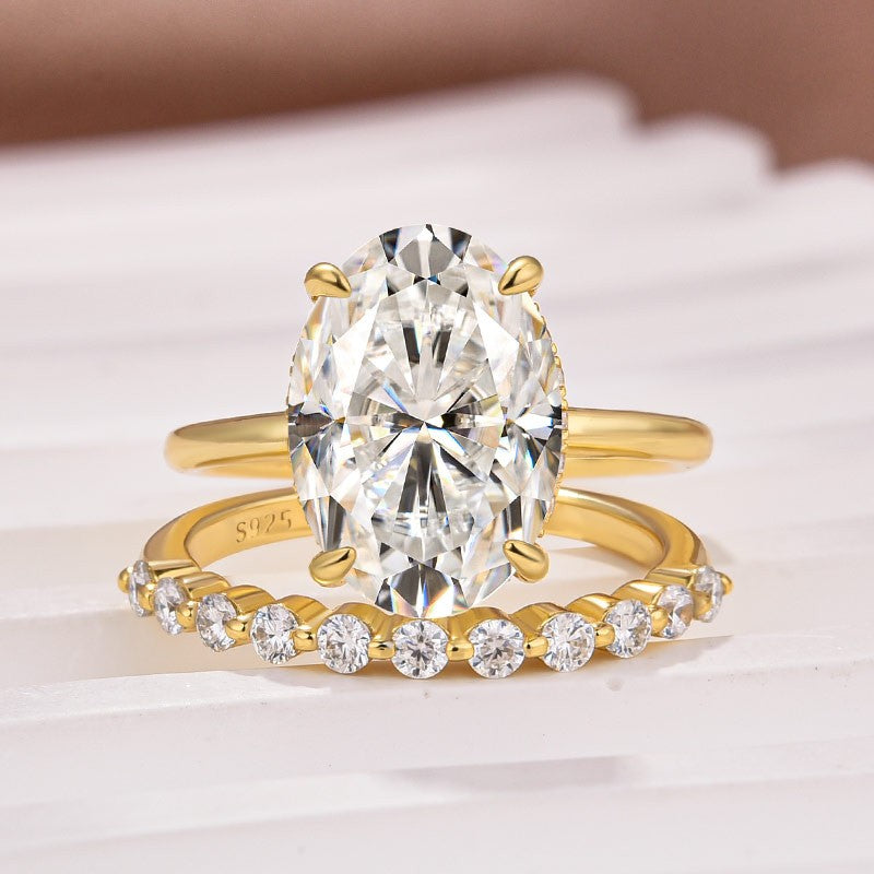 55 Carat Oval Moissanite Ring Set 925 Silver 18K Yellow Gold