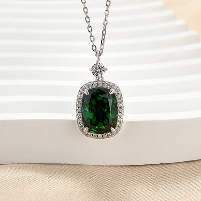 925 Silver White Gold Plated 10x13mm Cushion Emerald Diamond Necklace