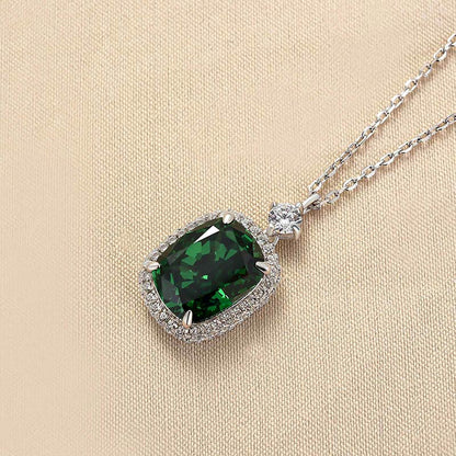 925 Silver White Gold Plated 10x13mm Cushion Emerald Diamond Necklace