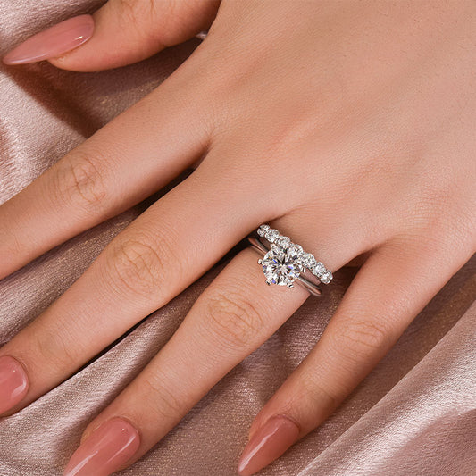 925 Silver 18K White Gold 2Ct Round Moissanite Wedding Set