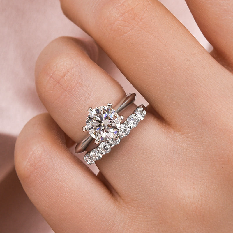 925 Silver 18K White Gold 2Ct Round Moissanite Wedding Set
