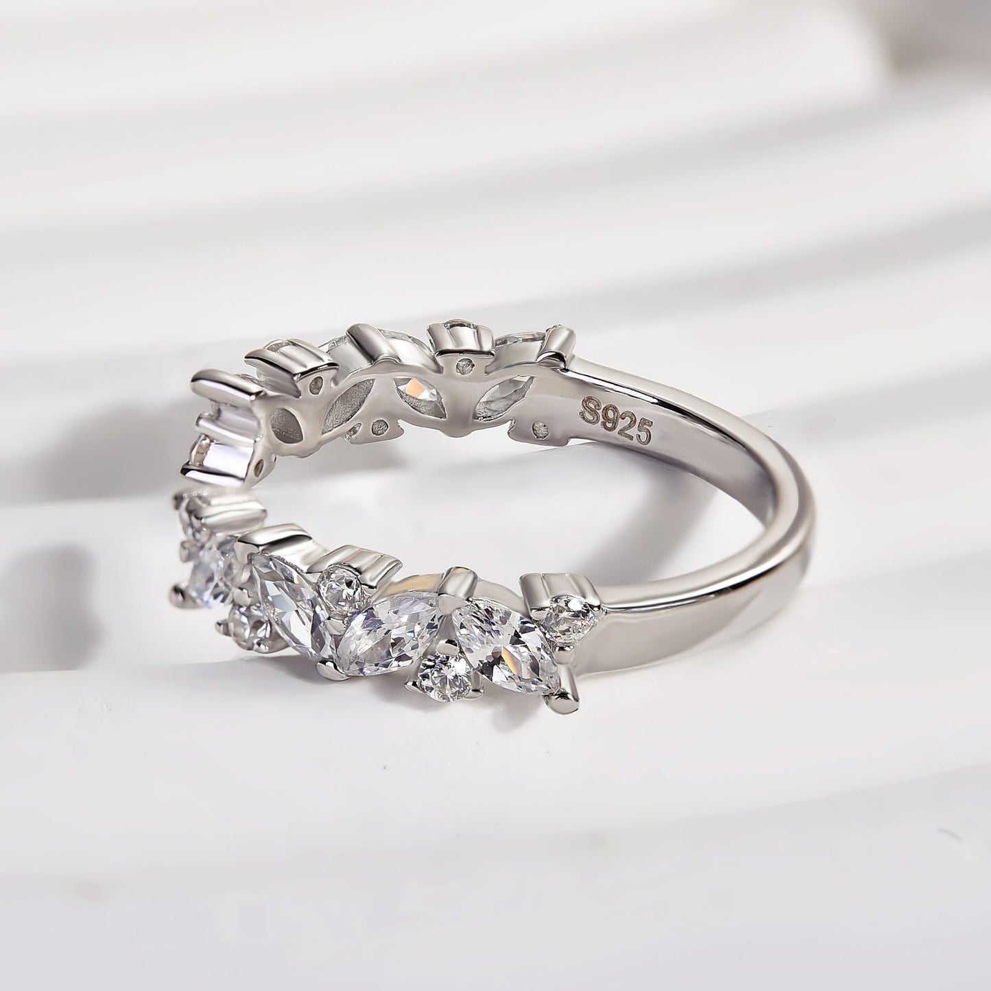 925 Silver White Gold Plated 1ct Marquise & Round Diamond Band