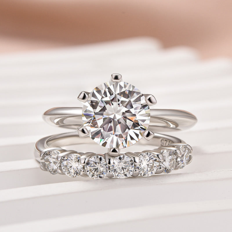 925 Silver 18K White Gold 2Ct Round Moissanite Wedding Set