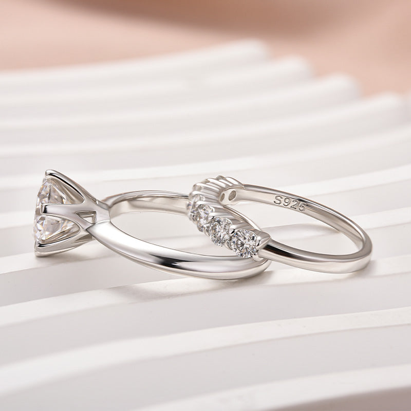 925 Silver 18K White Gold 2Ct Round Moissanite Wedding Set