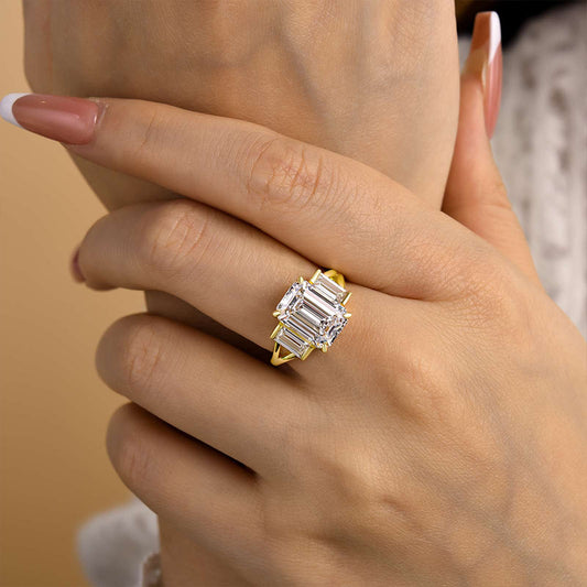 4.5Ct Emerald Cut Simulated Diamond Ring Set 925 Silver 18K Gold