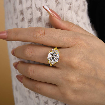 4.5Ct Emerald Cut Simulated Diamond Ring Set 925 Silver 18K Gold