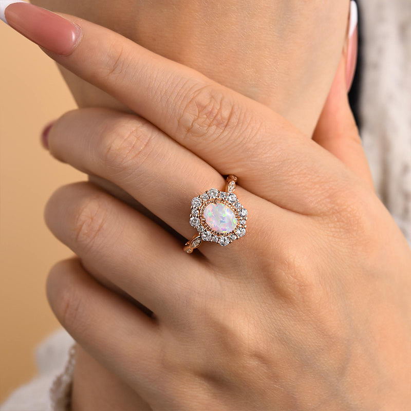 1.25ct Oval Opal & Diamond Vintage Halo Ring