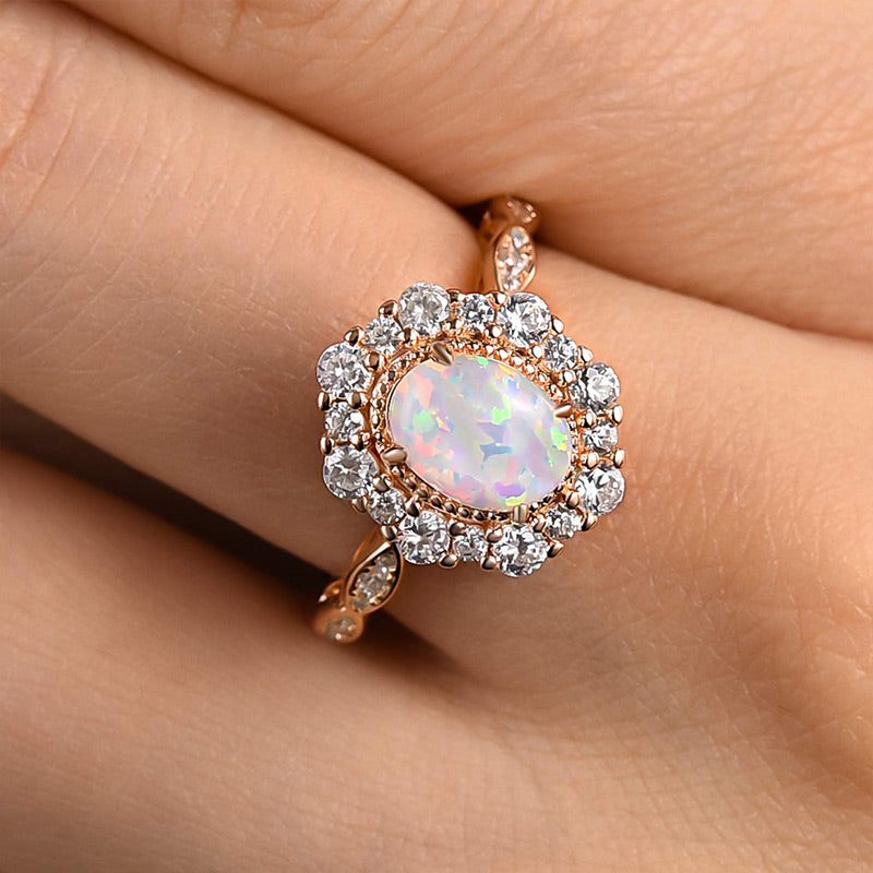 1.25ct Oval Opal & Diamond Vintage Halo Ring