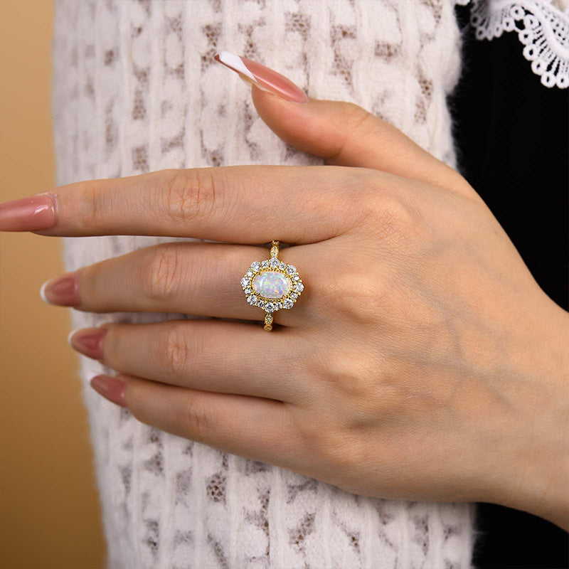 1.25ct Oval Opal & Diamond Vintage Halo Ring