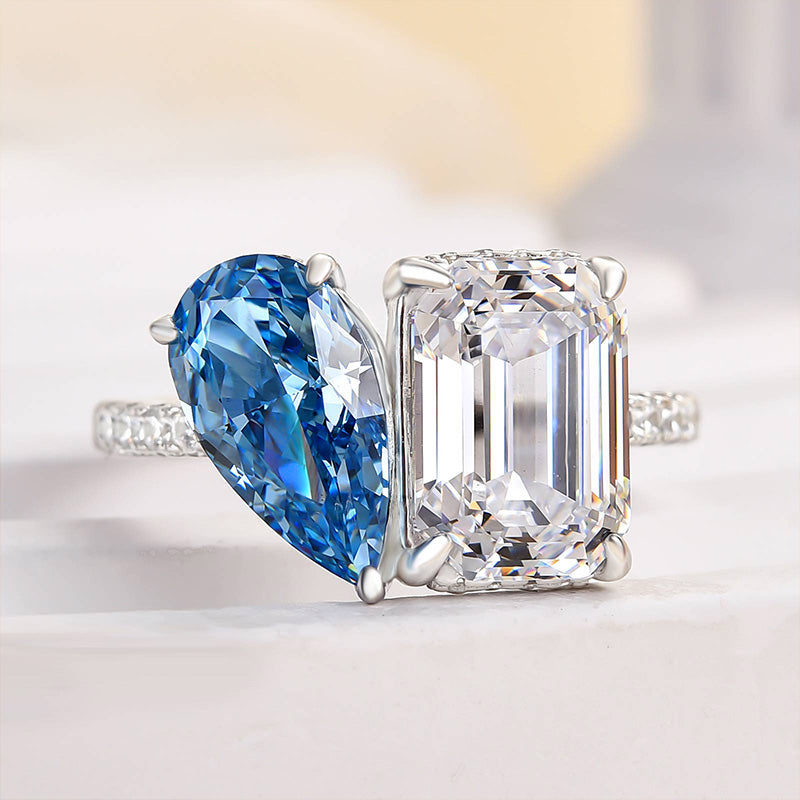 Toi et Moi 3.5ct Emerald & 2ct Pear Cut Sona Diamond Ring
