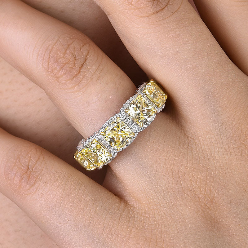 5Ct Yellow Sapphire Cushion Cut Band with Diamond Halo 925 Silver