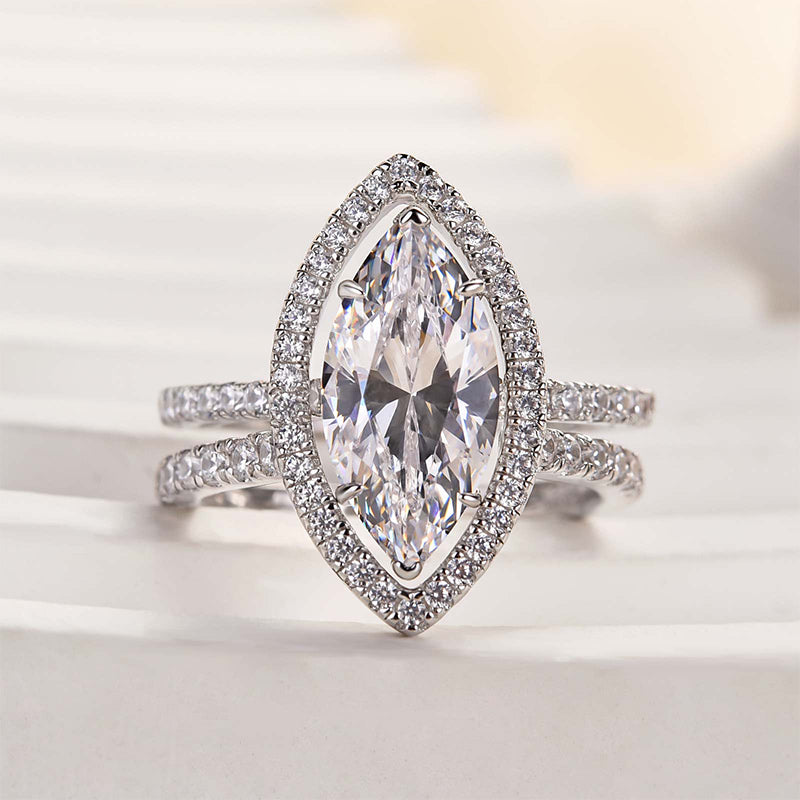 3Ct Marquise Sona Diamond Ring with Halo 18K White Gold